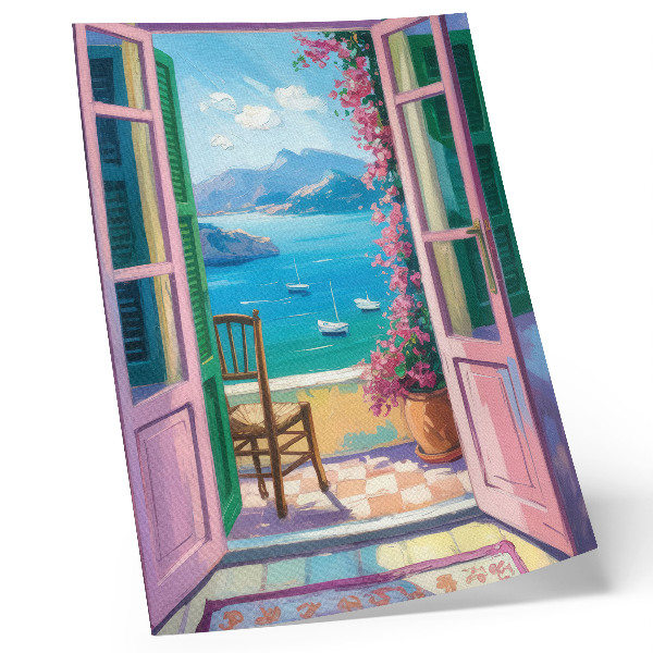 Póster con colores saturados Puerta abierta, flores brillantes, veleros azul marino