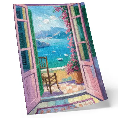 Póster con flores y veleros puerta abierta con flores brillantes y veleros azul marino en colores saturados