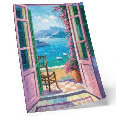 Póster con colores saturados Puerta abierta, flores brillantes, veleros azul marino