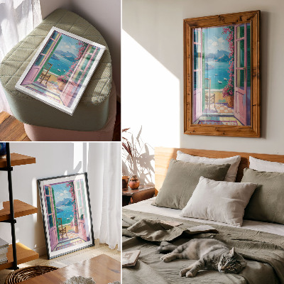 Póster con colores saturados Puerta abierta, flores brillantes, veleros azul marino