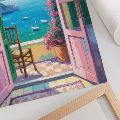 Póster con colores saturados Puerta abierta, flores brillantes, veleros azul marino
