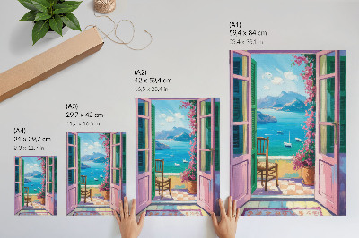 Póster con colores saturados Puerta abierta, flores brillantes, veleros azul marino