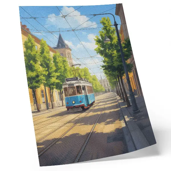 Tranvía verde y azul de Sunny Street lámina artística de alta calidad