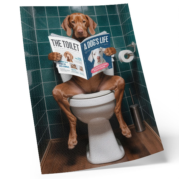 Lienzo decorativo moderno Perro en el baño con una revista de azulejos verdes