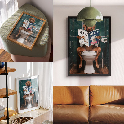 Lienzo decorativo moderno Perro en el baño con una revista de azulejos verdes