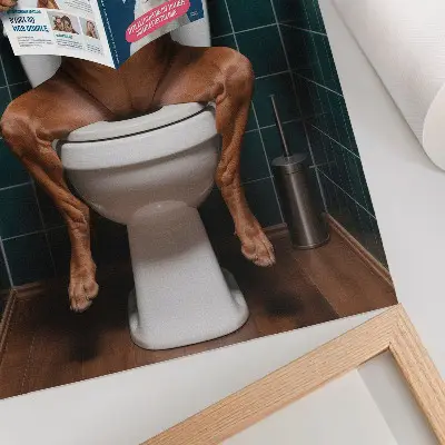 Lienzo decorativo moderno perro en el baño con una revista y azulejos verdes