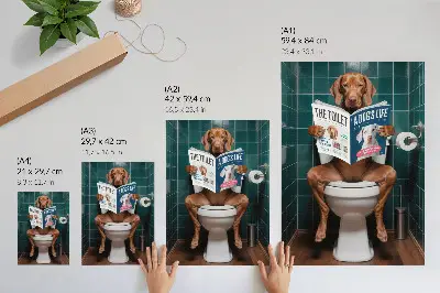 Lienzo decorativo moderno perro en el baño con una revista y azulejos verdes
