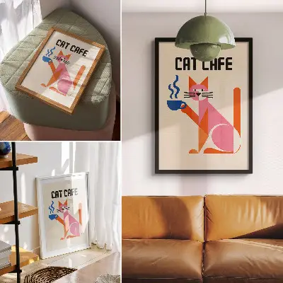 Póster de gato y café con diseño retro con colores saturados