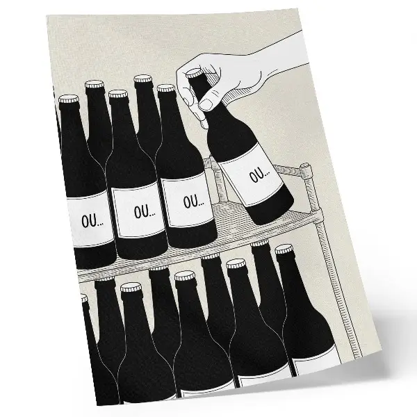 Ilustración minimalista de una mano con una botella póster con colores saturados en blanco y negro
