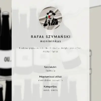 Ilustración minimalista de una mano con una botella póster con colores saturados en blanco y negro