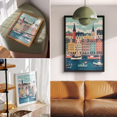 Edificios de apartamentos coloridos junto al agua lámina artística de alta calidad con diseño de encanto y armonía
