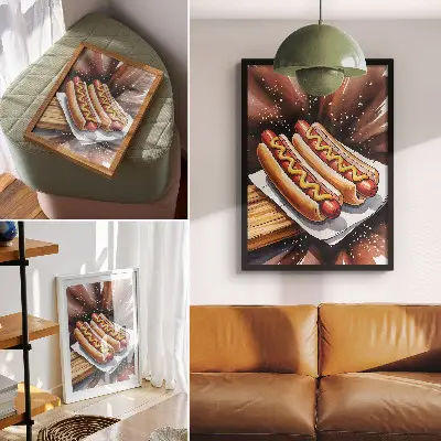 Lámina artística de alta calidad de deliciosos perritos calientes en un ambiente alegre y moderno