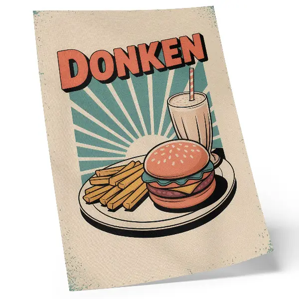 Póster de hamburguesa y patatas fritas con colores saturados y un toque retro