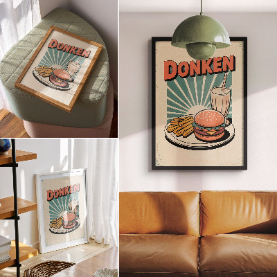 Póster con colores saturados Hamburguesa y patatas fritas con un toque retro.