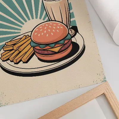 Póster de hamburguesa y patatas fritas con colores saturados y un toque retro