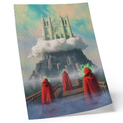 Póster Castillo en las nubes, figuras con abrigos, surrealismo