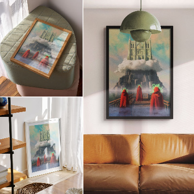 Póster Castillo en las nubes, figuras con abrigos, surrealismo