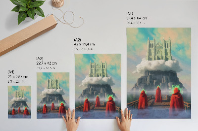 Póster Castillo en las nubes, figuras con abrigos, surrealismo
