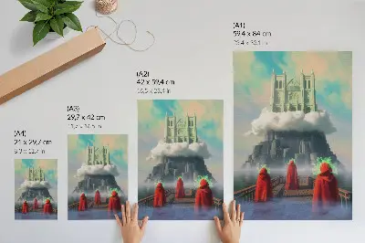 Póster de castillo en las nubes con figuras con abrigos en estilo surrealista