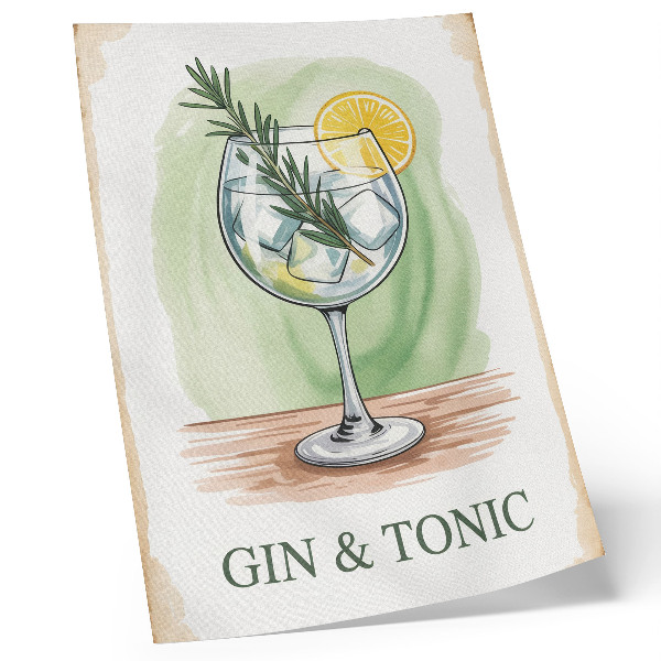 Lámina artística de alta calidad Un vaso de ginebra, romero y limón sobre un fondo verde.