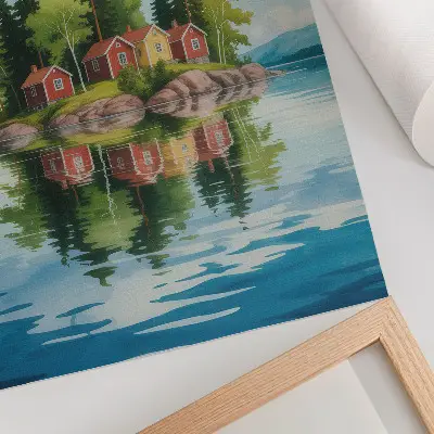 Lienzo decorativo moderno con paisaje de isla pintoresca, casas, árboles y aguas tranquilas