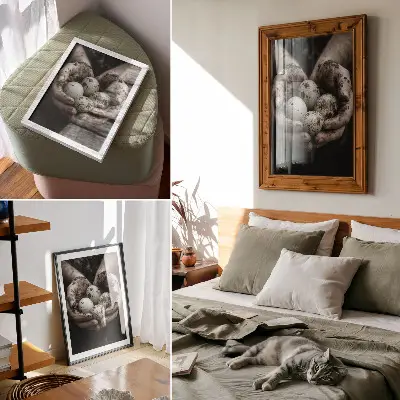 Póster manos terrosas y huevos de codorniz con alto contraste