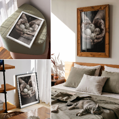 Póster Manos terrosas y huevos de codorniz llenos de contraste