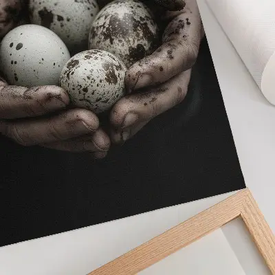 Póster manos terrosas y huevos de codorniz con alto contraste
