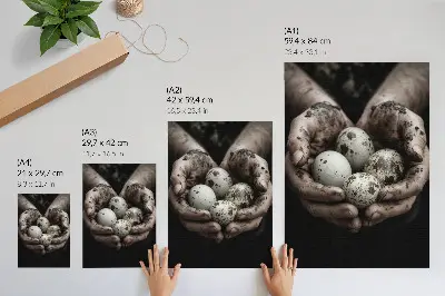 Póster manos terrosas y huevos de codorniz con alto contraste