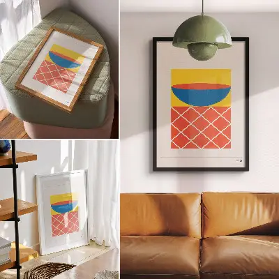 Composición geométrica amarilla, azul y roja póster con colores saturados