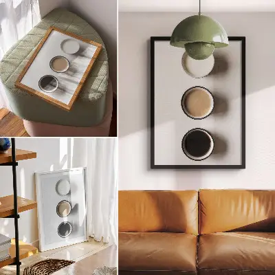 Lienzo decorativo moderno con tres bebidas diferentes en una disposición minimalista