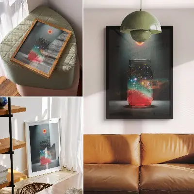 Lienzo decorativo moderno con diseño de frasco espacial y luces de colores