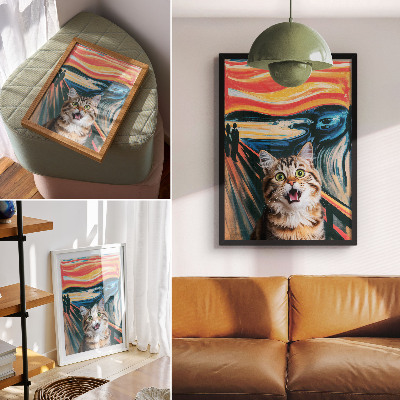 Póster Un gato sobre un fondo de pintura abstracta y vívida.