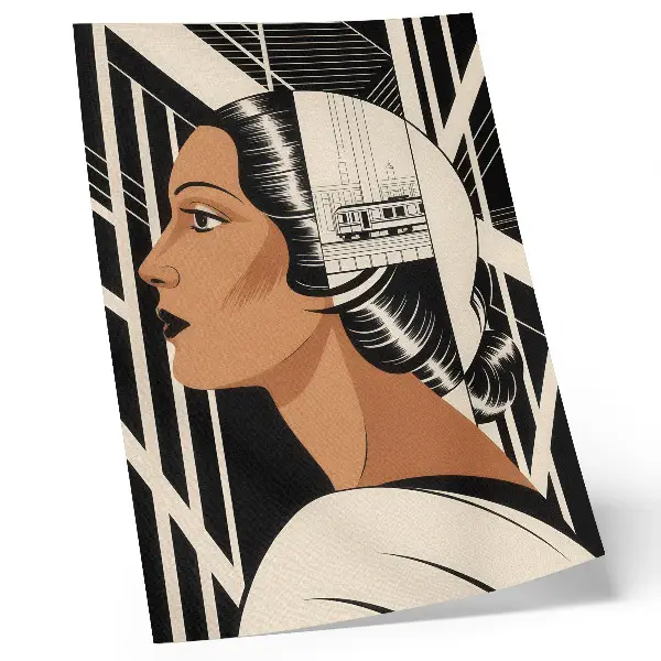 Póster de perfil femenino con líneas geométricas y estilo modernista en colores saturados