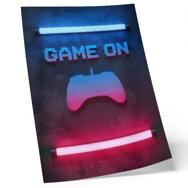 Póster con diseño de alfombrilla de juego e inscripción de píxeles de neón