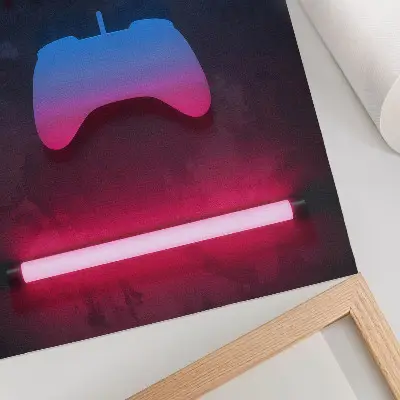 Póster con diseño de alfombrilla de juego e inscripción de píxeles de neón