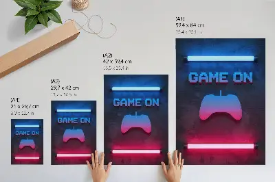 Póster con diseño de alfombrilla de juego e inscripción de píxeles de neón