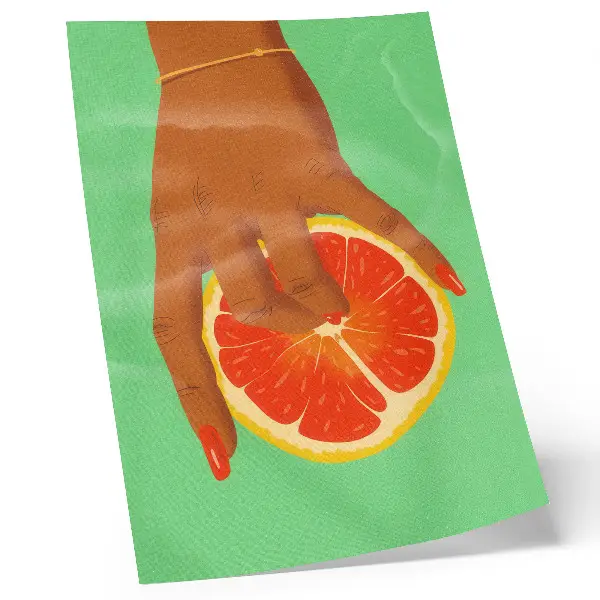 Póster de arte pop con mano y pomelo diseño con colores vibrantes y saturados