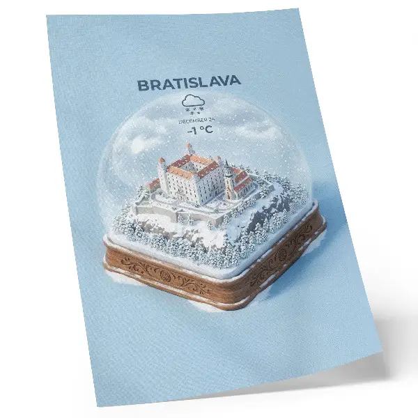 Póster de globo de invierno con castillo e ilustración de nieve