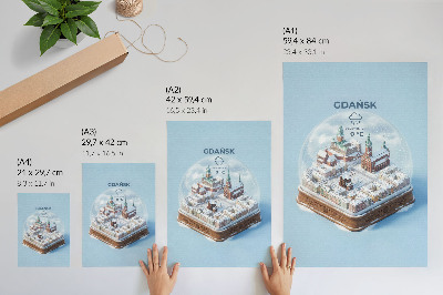 Póster con colores saturados Gdańsk invernal bajo la nieve en una bola de cristal