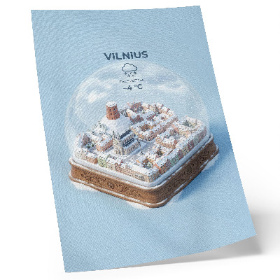 Póster con colores saturados Ciudad en miniatura dentro de una esfera, ambiente invernal, magia.
