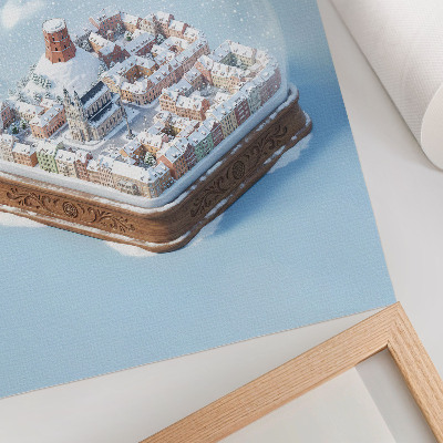 Póster con colores saturados Ciudad en miniatura dentro de una esfera, ambiente invernal, magia.