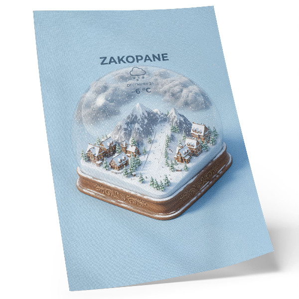 Póster Un paraíso invernal en una esfera, colores serenos, encanto de montaña.