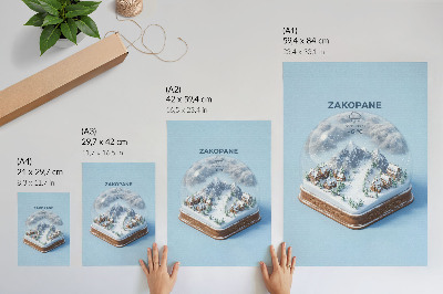 Póster Un paraíso invernal en una esfera, colores serenos, encanto de montaña.