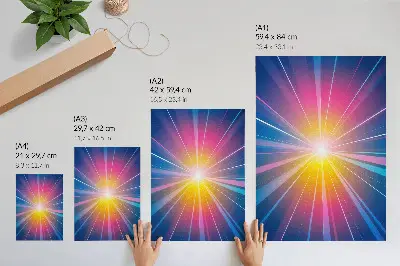 Póster de rayos de colores energéticos diseño con punto focal de colores saturados