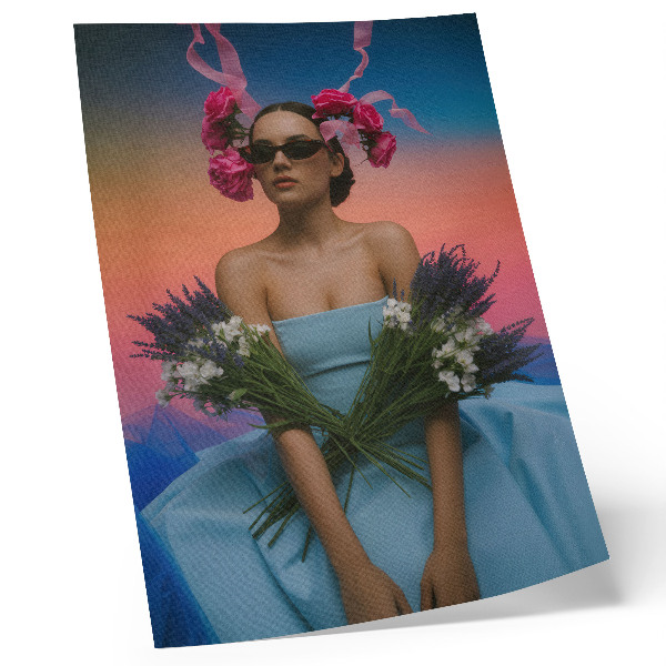 Lienzo decorativo moderno Mujer con flores al atardecer.