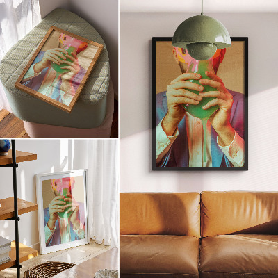 Lámina artística de alta calidad Una máscara colorida en manos de una figura surrealista