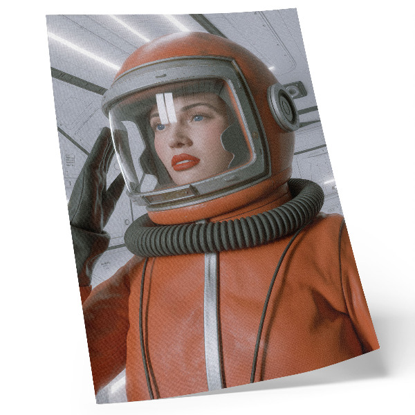 Póster con colores saturados Figura espacial con traje espacial, modernidad naranja