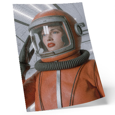 Póster con colores saturados Figura espacial con traje espacial, modernidad naranja