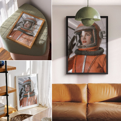 Póster con colores saturados Figura espacial con traje espacial, modernidad naranja